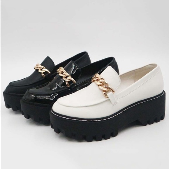 Black Patent Gold Chain Platform Penny Loafers - Picture 6 of 11